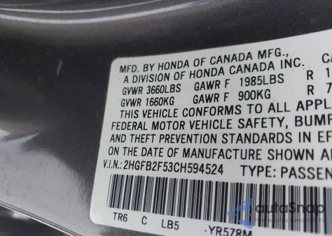 2012 Honda Civic Lx z USA, uszkodzony, nr VIN 2HGFB2F53CH594524